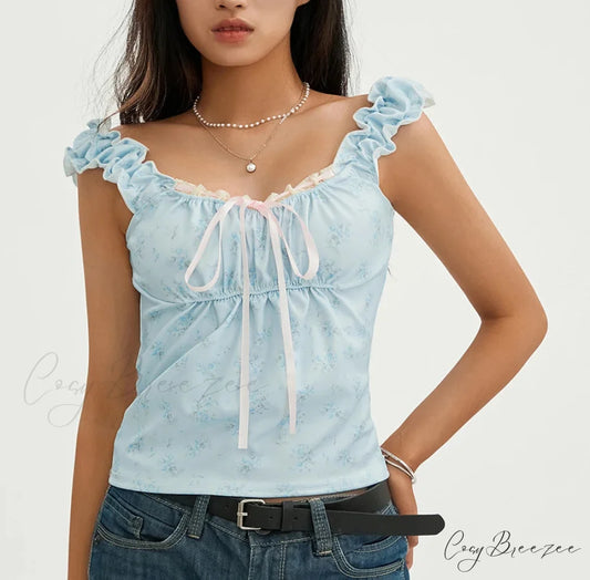 Floral Lace Patchwork Sleeveless Slim Fit Club Crop Vest Blue / S croptop-250126