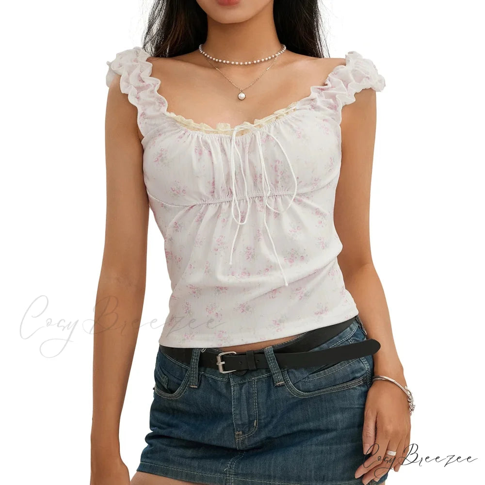 Floral Lace Patchwork Sleeveless Slim Fit Club Crop Vest Pink / S croptop-250126