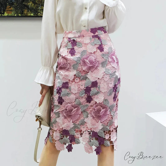 Floral Lace Pencil Skirt for Women Pink / S skirt-250126