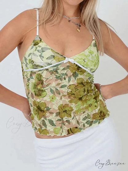 Floral Lace Sheer Spaghetti Strap V-neck Harajuku Crop Top croptop-250126
