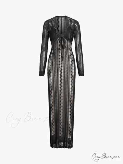 Floral Lace Textured Bolero Modern Two Piece Long Dress Black / XS