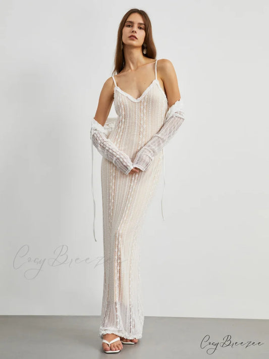 Floral Lace Textured Bolero Modern Two Piece Long Dress White / XS