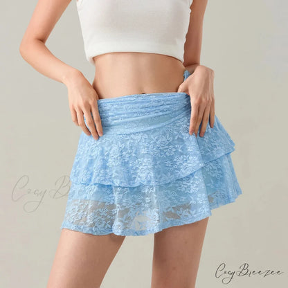 Floral Lace Tiered Flounce Skirt Blue / S skirts-250223