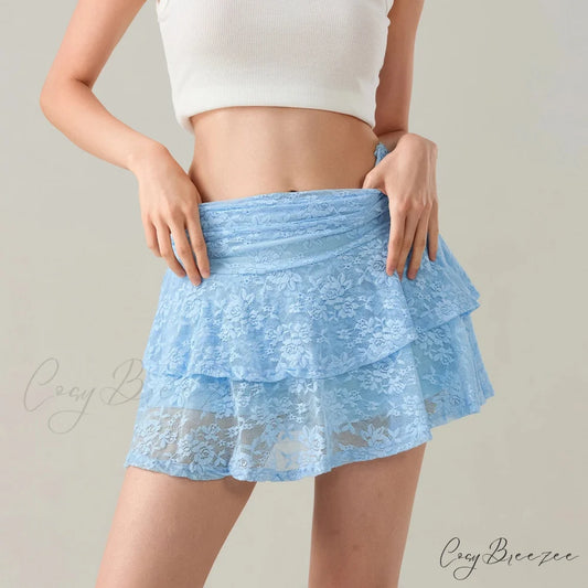 Floral Lace Tiered Flounce Skirt Blue / S skirts-250223