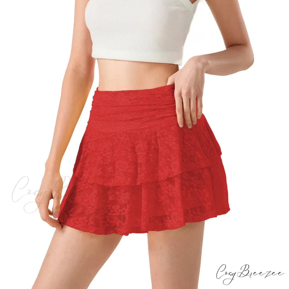 Floral Lace Tiered Flounce Skirt Red / S skirts-250223