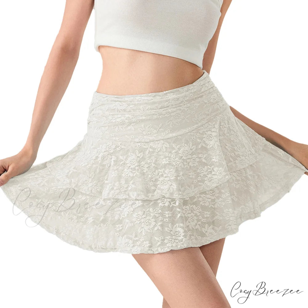 Floral Lace Tiered Flounce Skirt WHITE / S skirts-250223