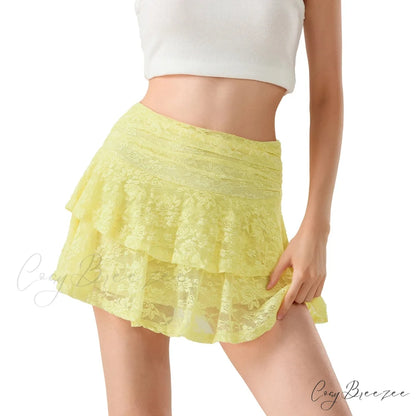 Floral Lace Tiered Flounce Skirt Yellow / S skirts-250223