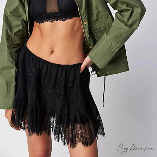 Floral Lace Tiered Slip Skirt Black / S skirts-250223