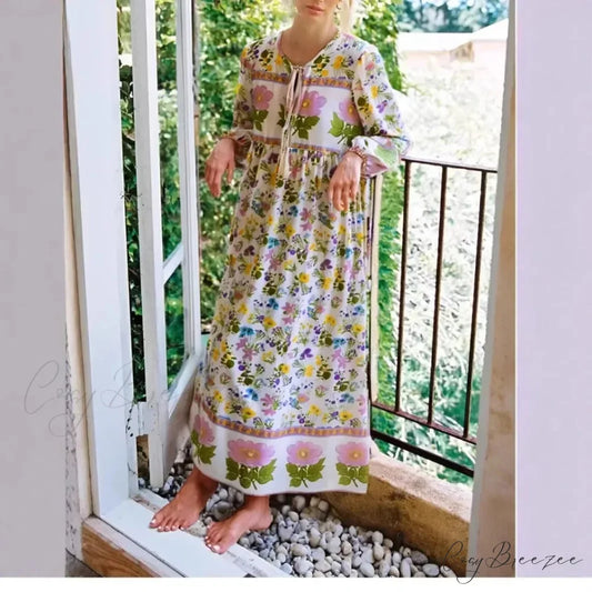Floral Lace-up Tassel Beach Boho Dress Beige / S bohodress-250126
