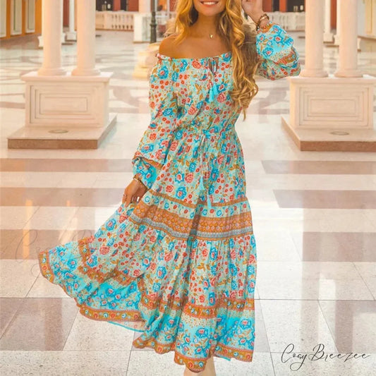 Floral Long Sleeve Belt Off Shoulder Boho Dress Blue / S bohodress-250126
