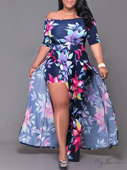 Floral Mesh Graceful Paneled Mini Dress Navy Blue / L