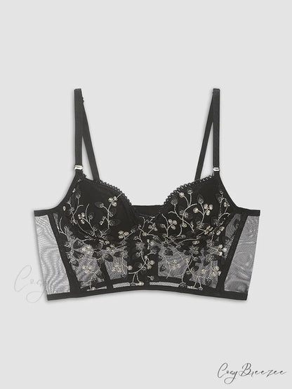 Floral Mesh Lace Trendy Crop Corset Top Black / XS