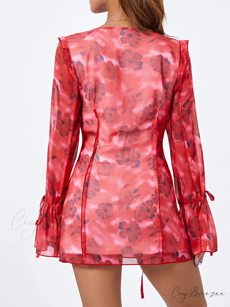 Floral Mesh Mini Dress Elegant Flare Long Sleeve Split Hem Dress floraldress-250126