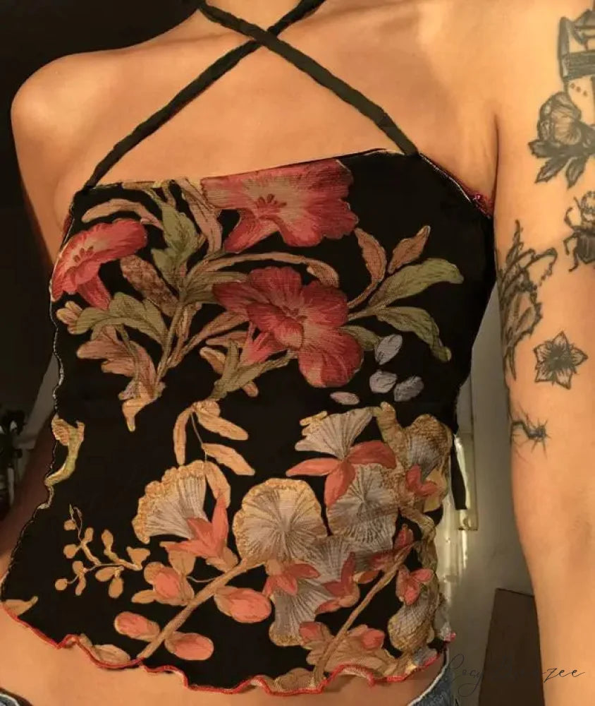Floral Mesh Sheer Backless Halter Y2K Crop Top BLACK / S croptop-250126