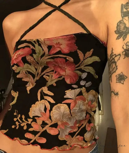 Floral Mesh Sheer Backless Halter Y2K Crop Top BLACK / S croptop-250126