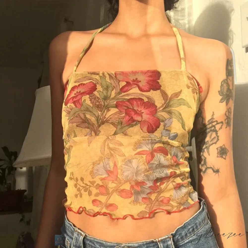 Floral Mesh Sheer Backless Halter Y2K Crop Top WHITE / S croptop-250126