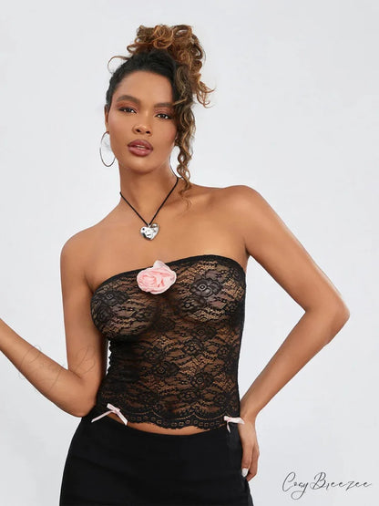 Floral Mesh Sheer Strapless 3D Flower Bandeau Black / S croptop-250126