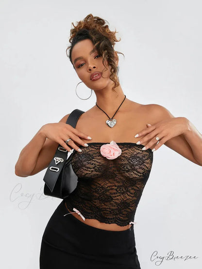 Floral Mesh Sheer Strapless 3D Flower Bandeau croptop-250126