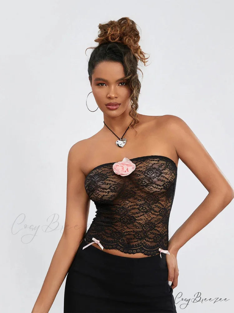 Floral Mesh Sheer Strapless 3D Flower Bandeau croptop-250126