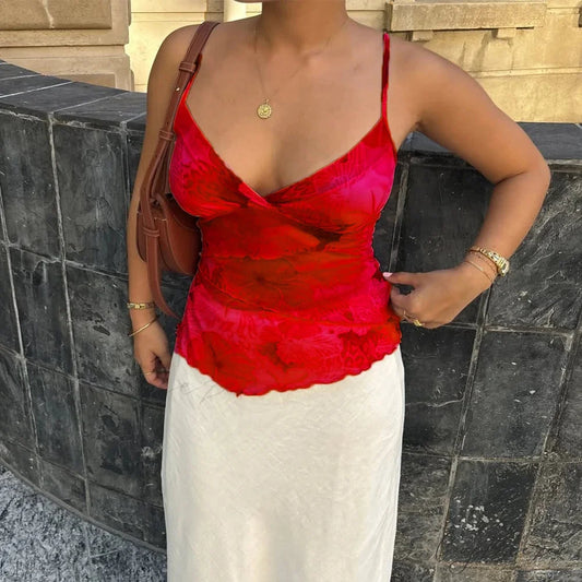 Floral Mesh Spaghetti Crop Top red / S croptop-250223