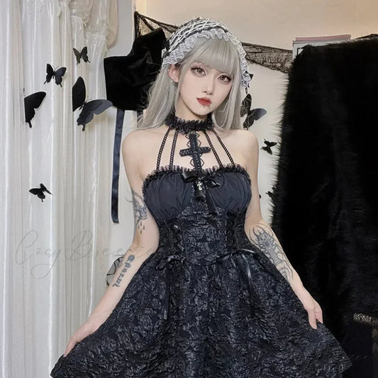 Floral Mini Y2K Lace Up Sexy Backless Halter Lace Sleeveless Jacquard Luxury Fairy Bodycon Dress Black / S