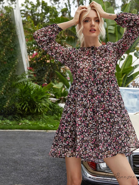 Floral O-neck Mini Party Dress oldfloraldress-250126