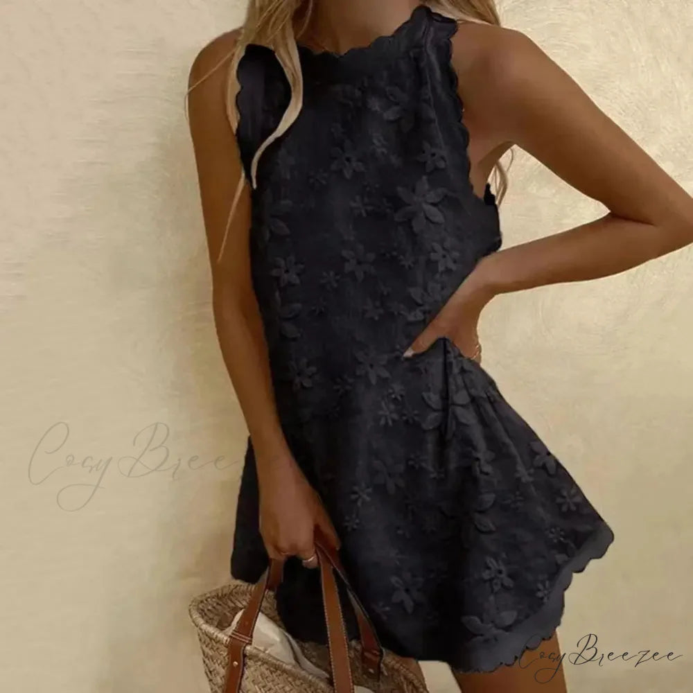 Floral Off-Shoulder Embroidery Loose Hem Dress Black / S floraldress-250126