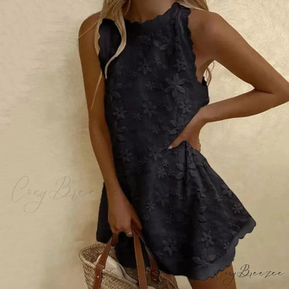 Floral Off-Shoulder Embroidery Loose Hem Dress Black / S floraldress-250126