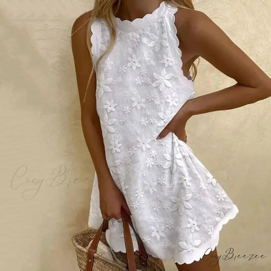 Floral Off-Shoulder Embroidery Loose Hem Dress WHITE / S floraldress-250126