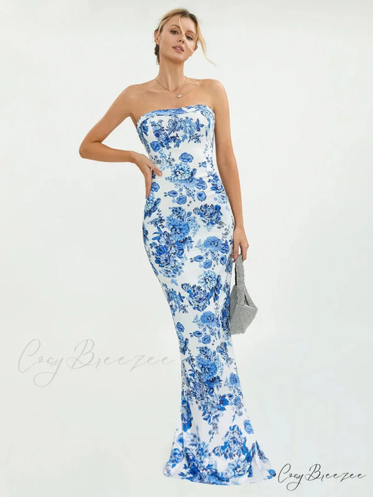 Floral Off-Shoulder Tube Bandeau Slit Bodycon Beach Holiday Dress BLUE / S floraldress-250126