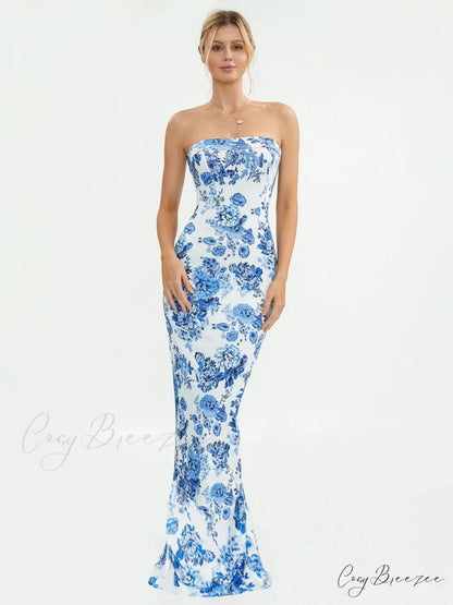 Floral Off-Shoulder Tube Bandeau Slit Bodycon Beach Holiday Dress floraldress-250126