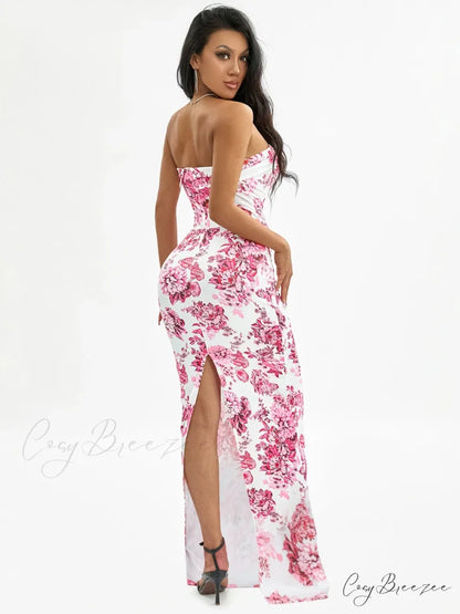 Floral Off-Shoulder Tube Bandeau Slit Bodycon Beach Holiday Dress floraldress-250126