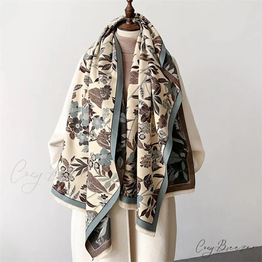 Floral Pashmina Winter Cashmere Scarf green scarf-241228