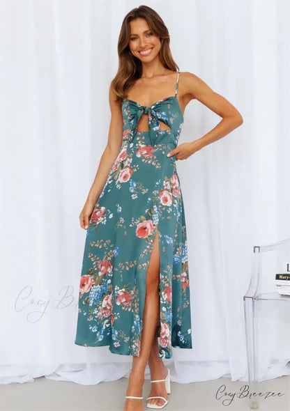 Floral Passion Stylish Ruffled Midi Dress GREEN / S
