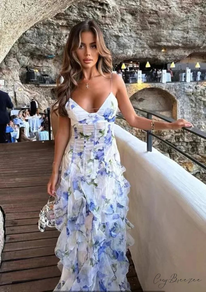 Floral Pattern Sheer Dress Formal Dress blue / S promdress-250223