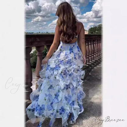 Floral Pattern Sheer Dress Formal Dress red / S promdress-250223