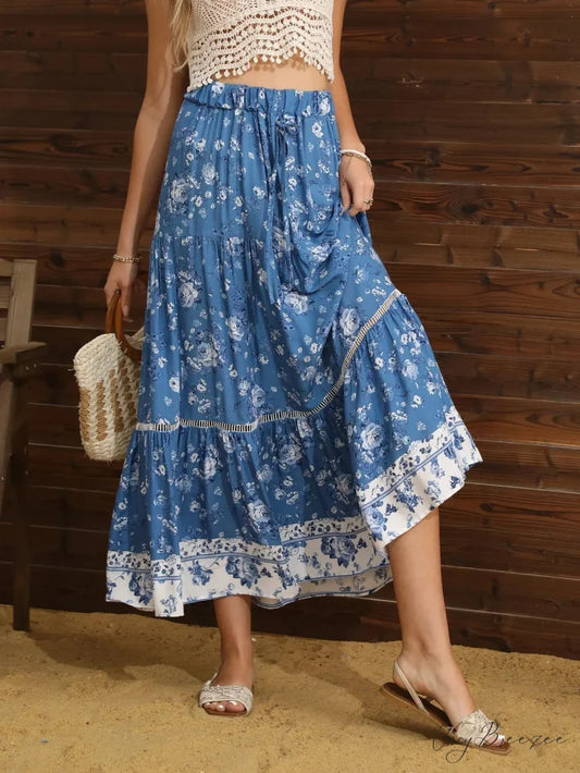 Floral Pleated Boho A-Line Rayon Maxi Skirt Blue / S skirt-250126