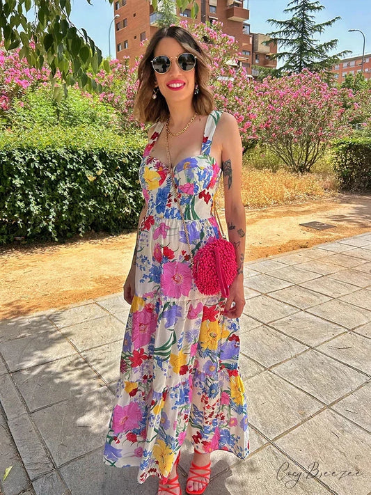Floral Print A-line Backless Maxi Dress printed / M floraldress-250126