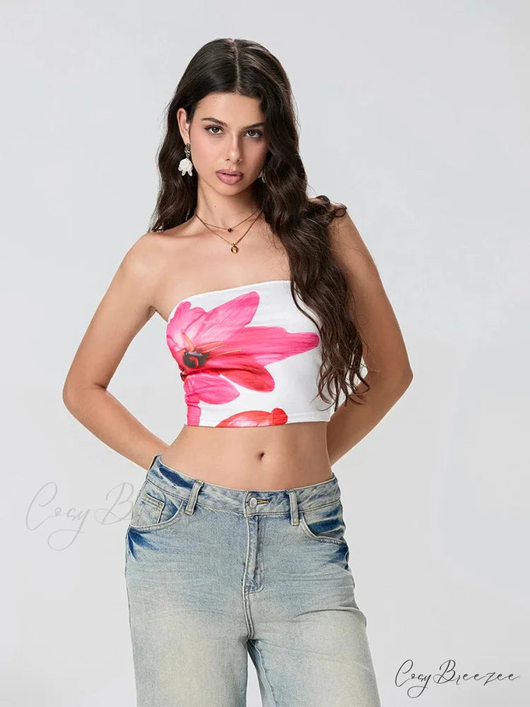 Floral Print Backless Strapless Cropped Tube Top Bandeau WHITE / S croptop-250126