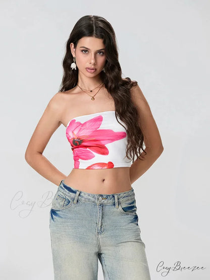 Floral Print Backless Strapless Cropped Tube Top Bandeau WHITE / S croptop-250126