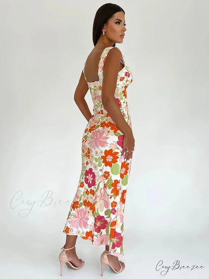 Floral Print Backless V-neck Bodycon Maxi Dress floraldress-250126