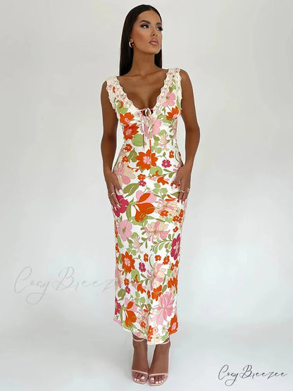 Floral Print Backless V-neck Bodycon Maxi Dress floraldress-250126