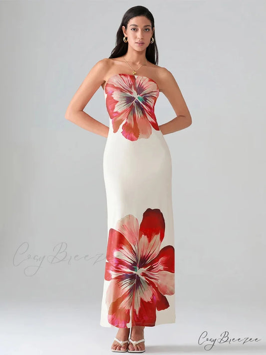 Floral Print Bandeau Strapless Wrap Dress floraldress-250126