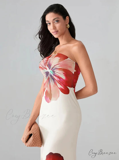 Floral Print Bandeau Strapless Wrap Dress floraldress-250126