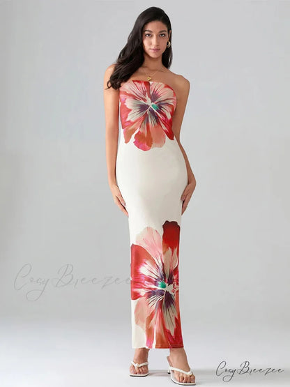 Floral Print Bandeau Strapless Wrap Dress WHITE / S floraldress-250126