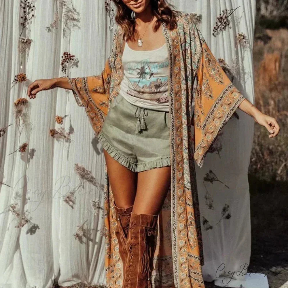 Floral Print Bat Sleeve V-neck Bikini Boho Cover-ups color / S bohodress-250126