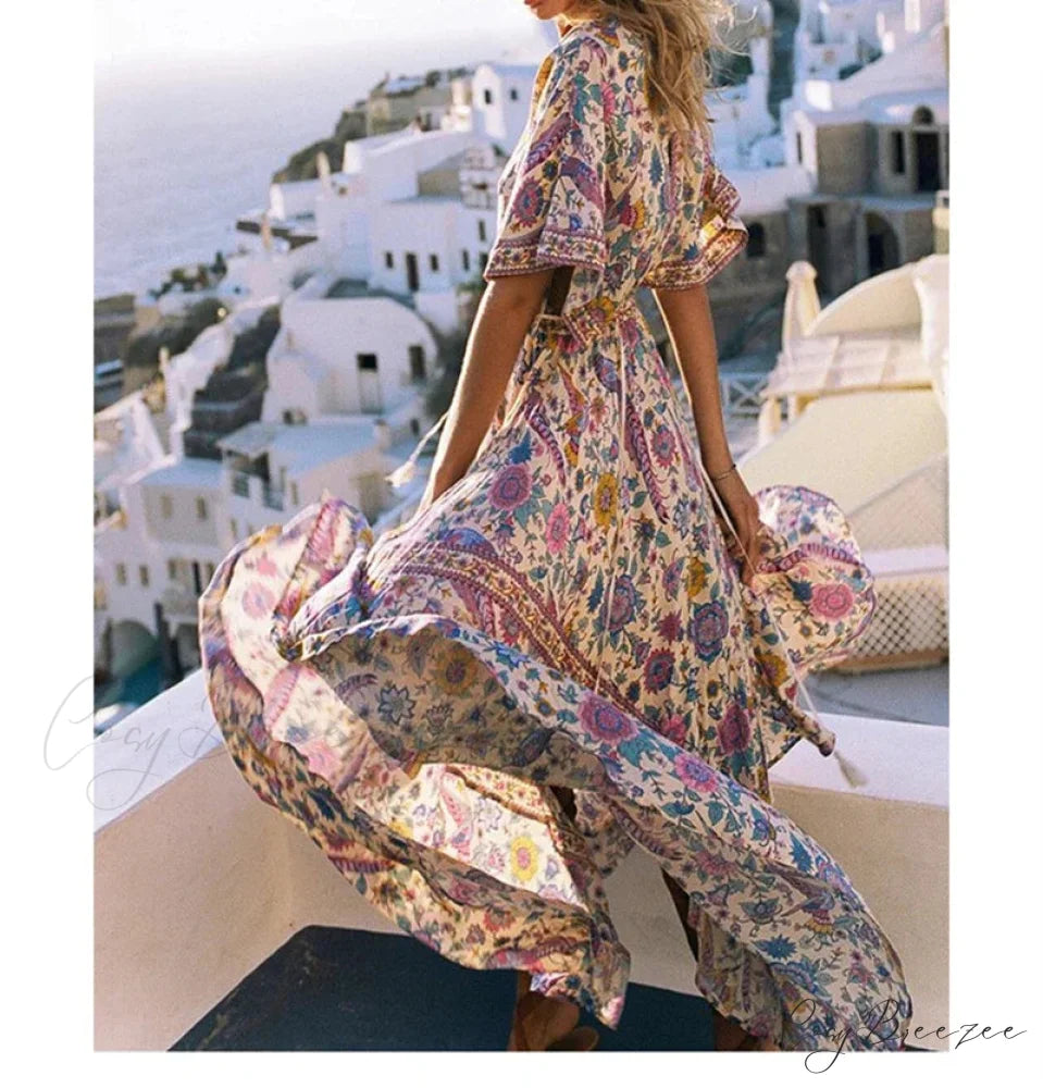 Floral Print Bat Sleeve V-neck Maxi Rayon Boho Dress bohodress-250126