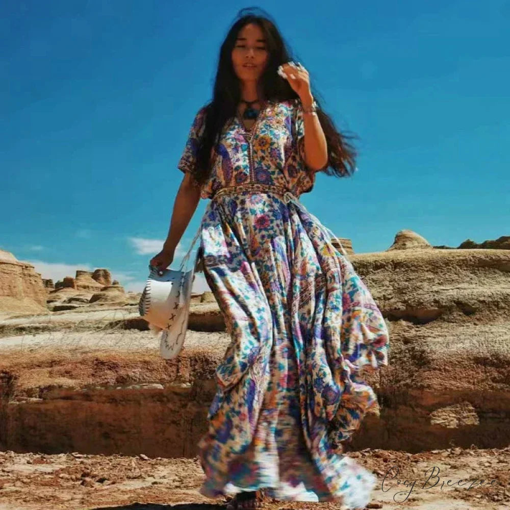 Floral Print Bat Sleeve V-neck Maxi Rayon Boho Dress bohodress-250126