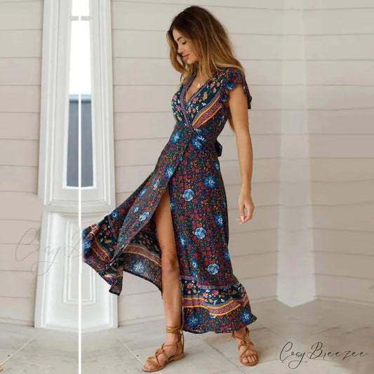 Floral Print Bat Sleeve Wrap V-neck Maxi Boho Dress bohodress-250126