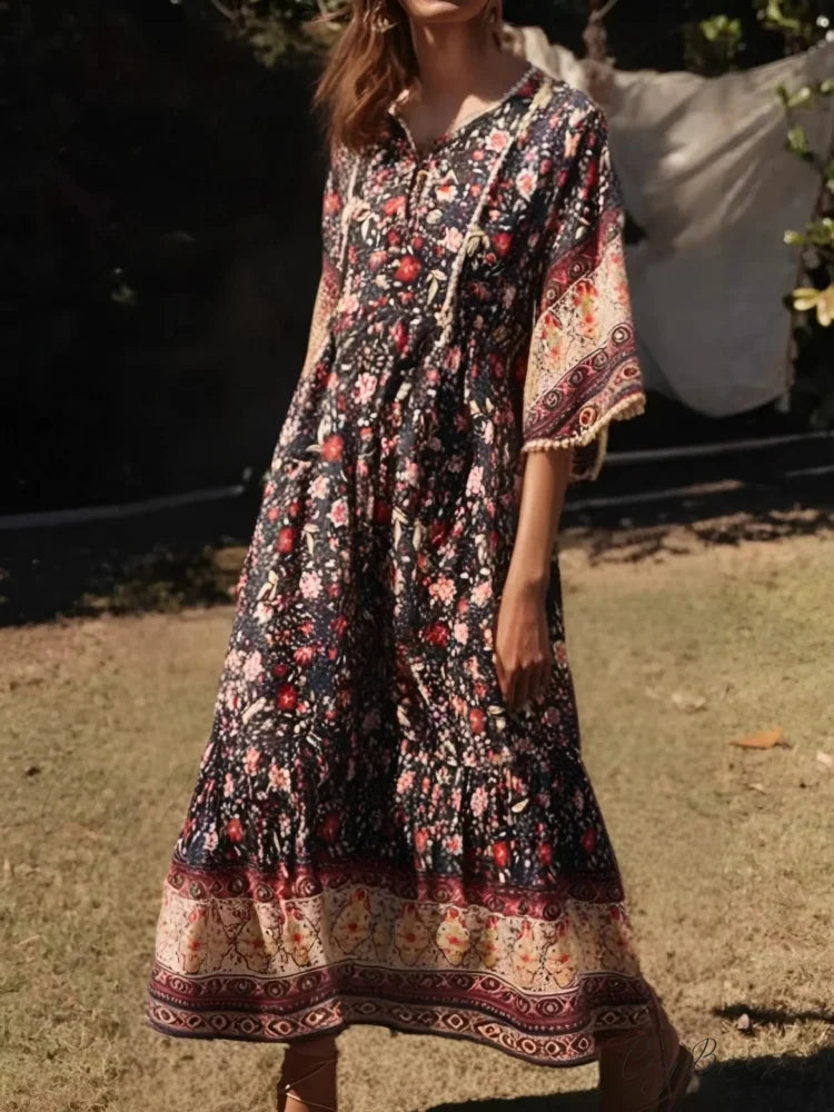 Floral Print Batwing Sleeve Rayon Maxi Boho Dress Black / S bohodress-250126